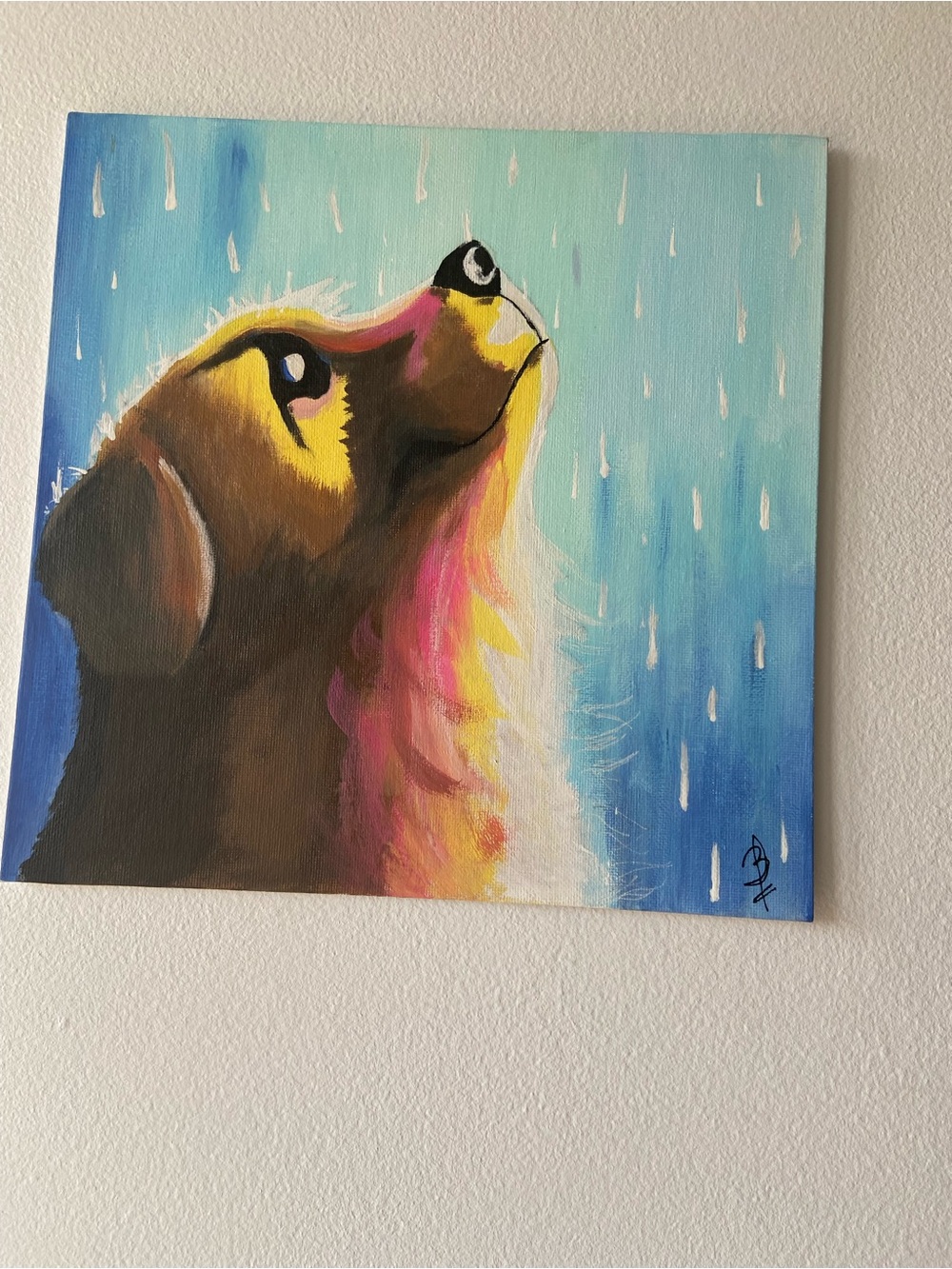 Original Hand Painted Dog in Rain Canvas Wall Decor Cute Pet Lover Artwork